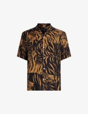 ALLSAINTS ALLSAINTS MEN'S SEASHELL BROWN CALA TIGER-PRINT WOVEN SHIRT,63057943