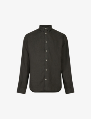 Allsaints Mens Black Bandol Resort-collar Long-sleeve Linen-blend Shirt Xxl In Washed Black