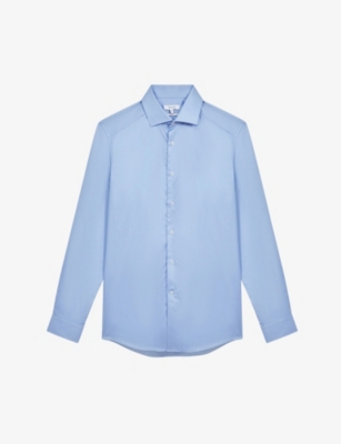 Shop Reiss Mens Mid Blue Remote Slim-fit Cotton Shirt