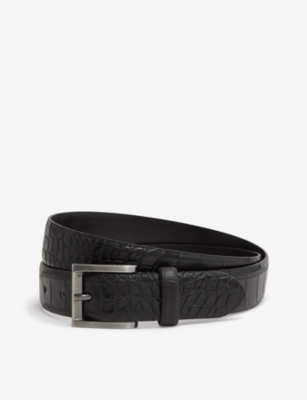 Shop Reiss Mens Black/gunmetal Albany Croc-effect Leather Buckle Belt In Grey