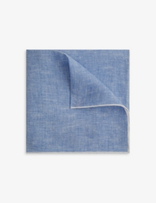 Reiss Piazza Contrast-trim Linen Pocket Square In Blue Melange