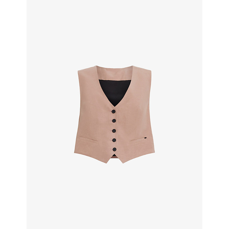 Shop Allsaints Womens Doe Brown Deri Lyn Recycled Polyester-lined Woven Waistcoat