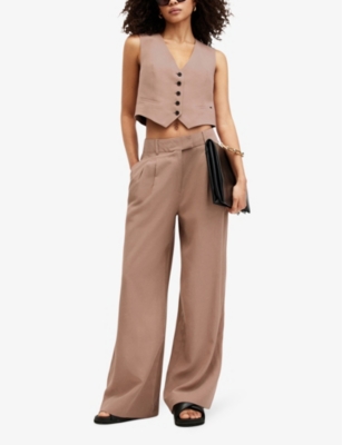 Shop Allsaints Women's Doe Brown Deri Lyn Wide-leg Mid-rise Woven Trousers