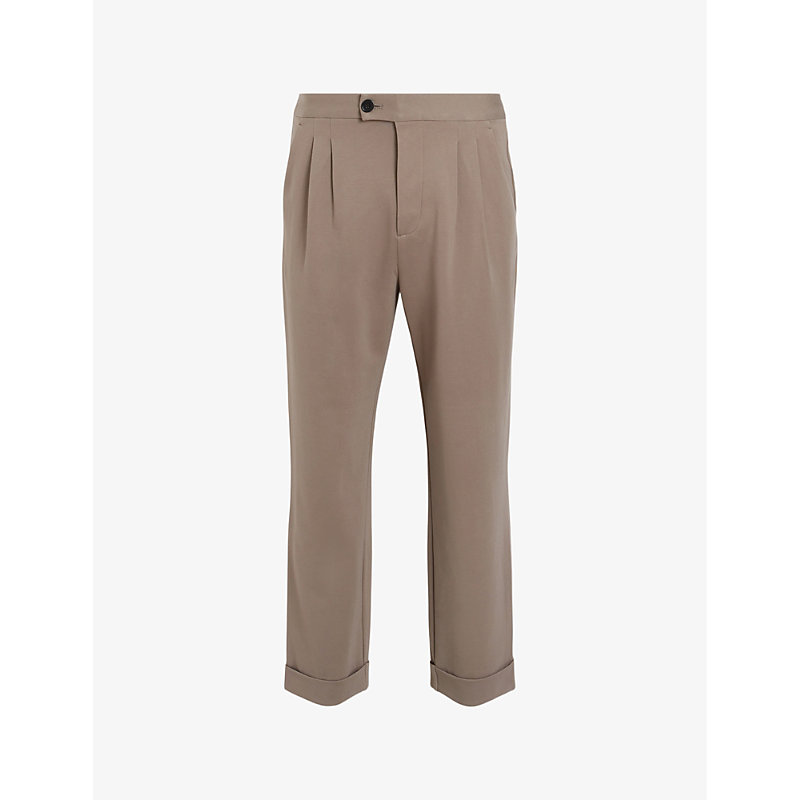 Shop Allsaints Men's Earthy Brown Helm Cropped Tapered-leg Stretch-woven Trousers