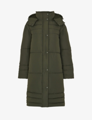 Whistles Becky Longline Recycled-polyester Puffer Coat In Khaki/olive