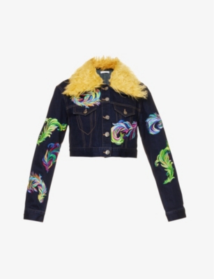 AREA: Faux fur-trim embroidered-pattern denim jacket