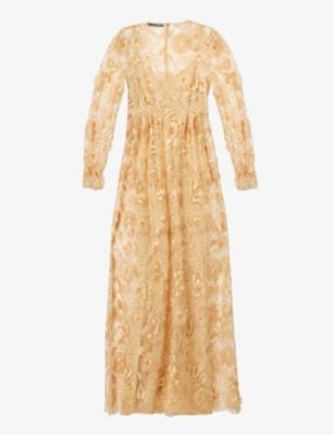 Alberta Ferretti Floral Embroidered Plunging Illusion Gown In Beige
