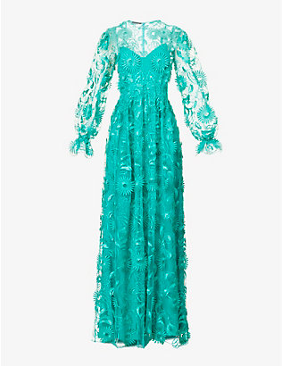 ALBERTA FERRETTI: Floral-embroidered semi-sheer tulle maxi dress