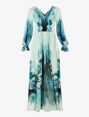 Alberta Ferretti Floral Silk V-neck Gown In Fantasy Print Light Blue