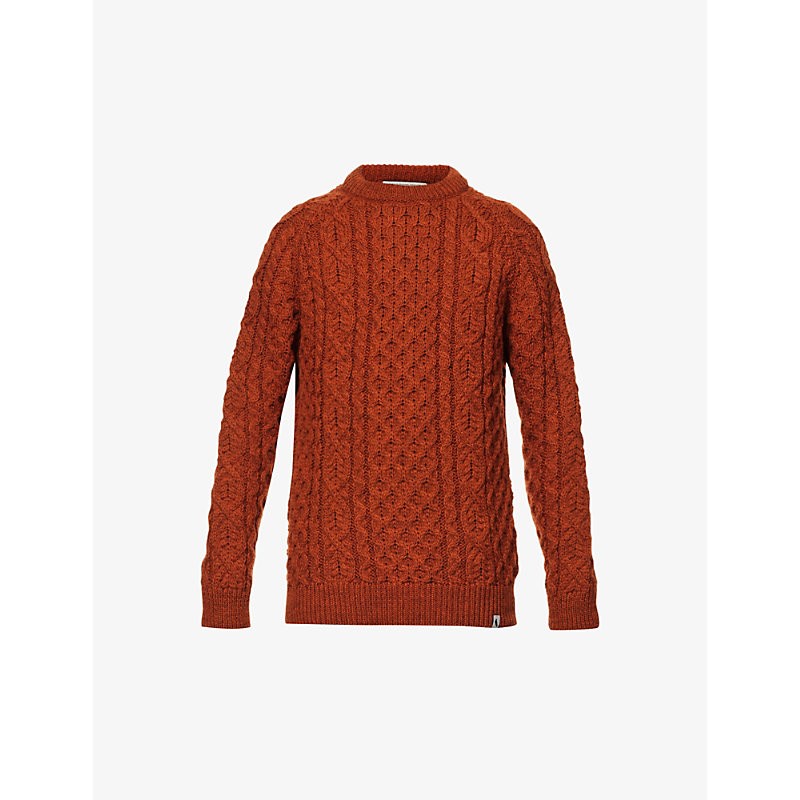 Peregrine Mens Orange Hudson Crewneck Cable-knit Wool Jumper