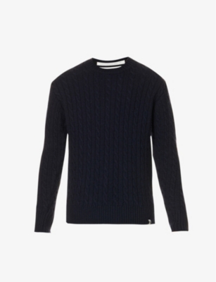 Peregrine Mens Navy Makers Stitch Cable-knit Wool-knitted Jumper