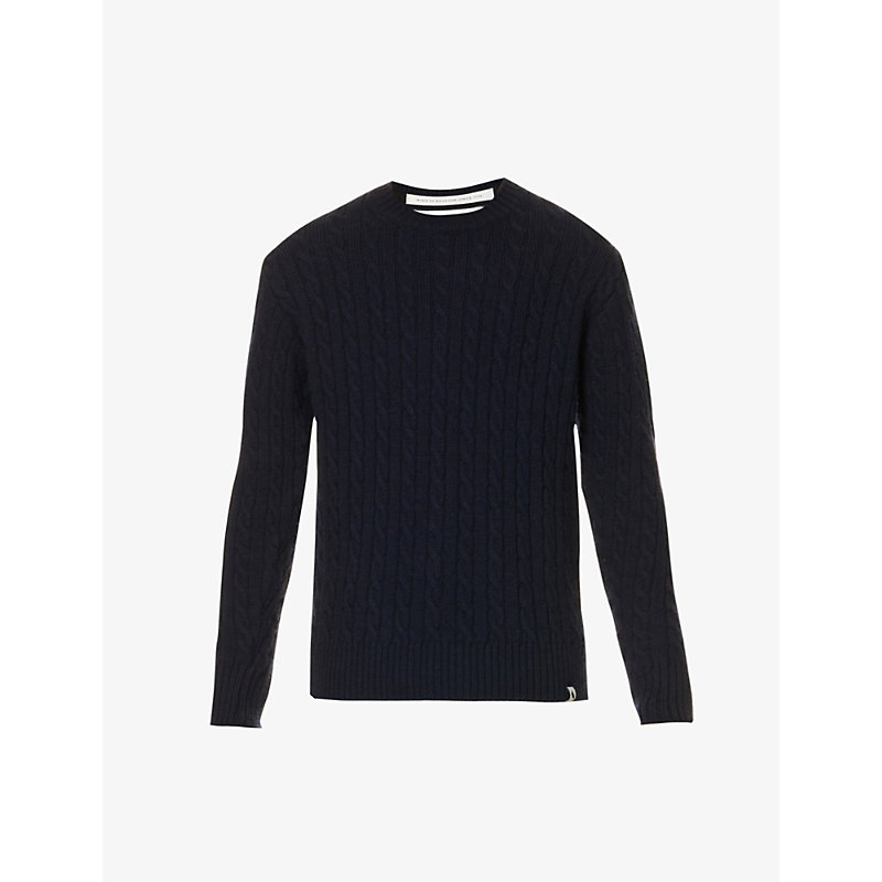Peregrine Mens Navy Makers Stitch Cable-knit Wool-knitted Jumper