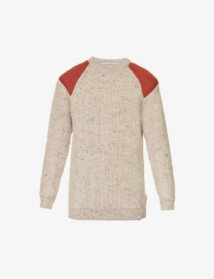 Peregrine Mens Oatmeal Field Patch-embellished Wool-knit Jumper