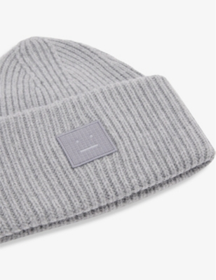 Shop Acne Studios Men's Grey Melange Face Logo-patch Wool Beanie Hat