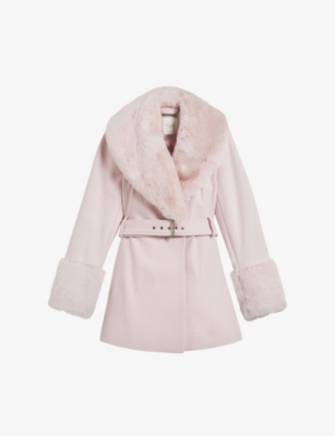 Ted Baker Loleta Faux Fur-collar Wool-blend Coat In Dusky-pink