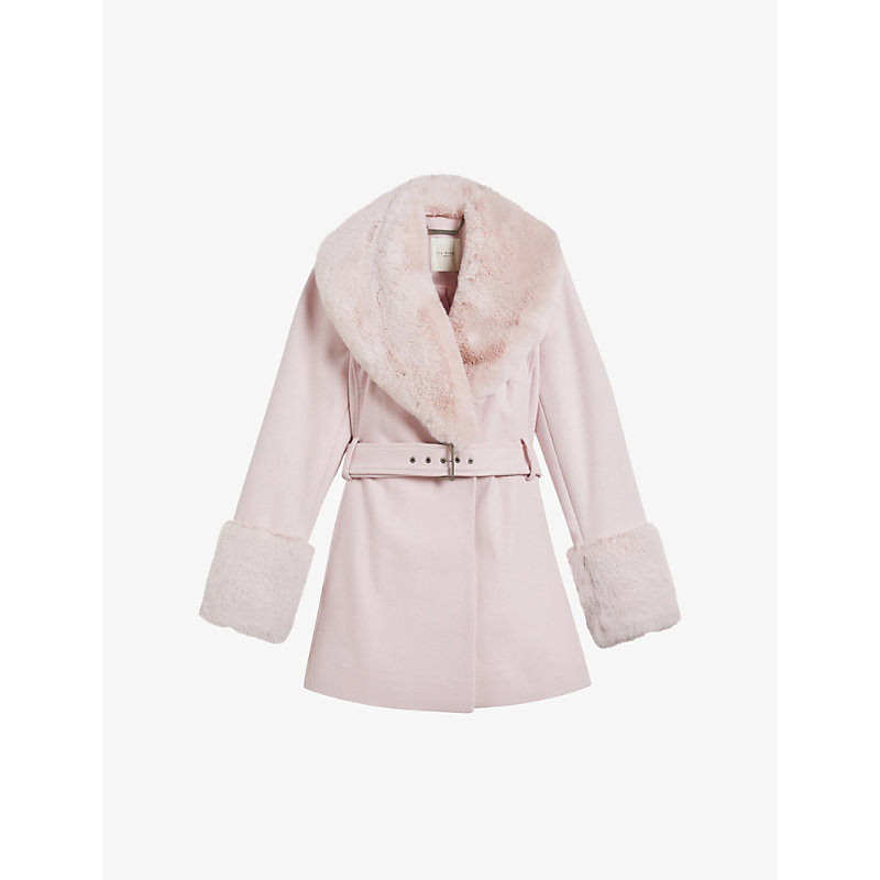 Ted Baker Loleta Faux Fur-collar Wool-blend Coat In Dusky-pink
