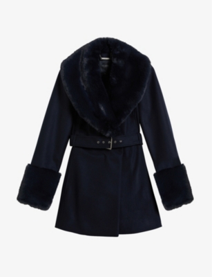 Ted Baker Loleta Belted Faux Fur Trim Coat In Navy