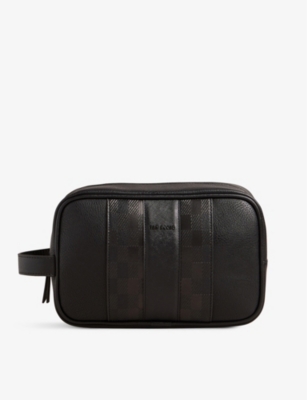 TED BAKER TED BAKER MEN'S BLACK WAYDEE CHECK-PRINT FAUX-LEATHER WASHBAG,63126120