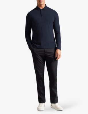 Shop Ted Baker Mens Navy-blue Enio Long-sleeve Cotton And Cashmere-blend Polo Shirt