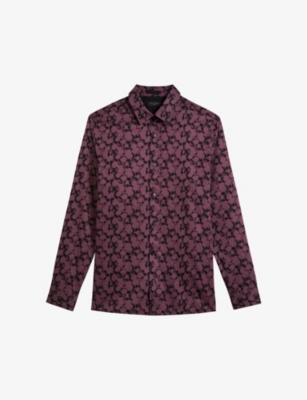 TED BAKER TED BAKER MEN'S MAROON COMLEE FLORAL-PRINT REGULAR-FIT STRETCH-COTTON SHIRT,63130929