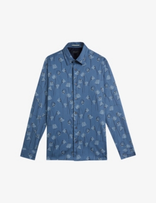TED BAKER TED BAKER MEN'S MID-BLUE FRITH FLORAL-PRINT STRETCH-COTTON SHIRT,63132329