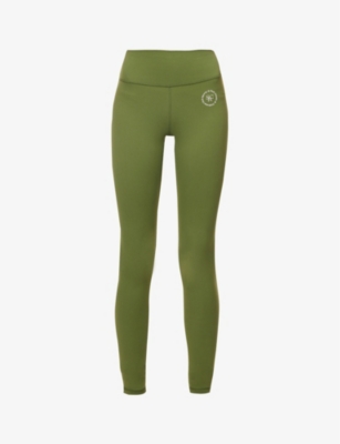 SPORTY AND RICH SPORTY & RICH WOMEN'S OLIVE WHITE BRAND-PRINT STRETCH-WOVEN LEGGINGS,63137447
