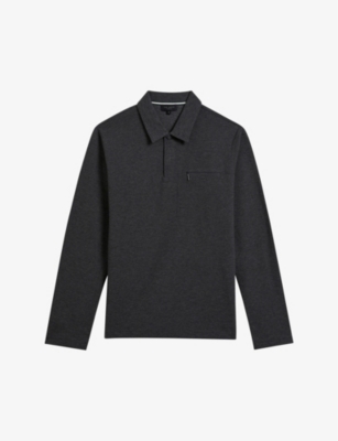 Ted Baker Men's Grey-marl Wavelo Logo-appliqué Long-sleeved Cotton Polo Shirt
