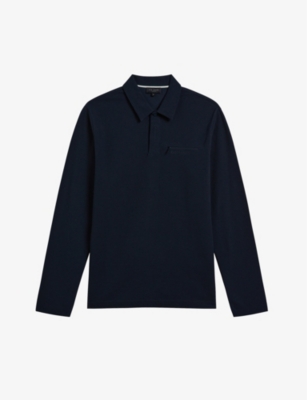 Ted Baker Wavelo Logo-appliqué Long-sleeved Cotton Polo Shirt In Blue