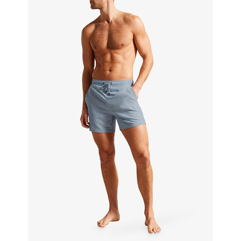Shop Ted Baker Men's Mid-blue Hiltree Logo-embossed Woven Swim Shorts