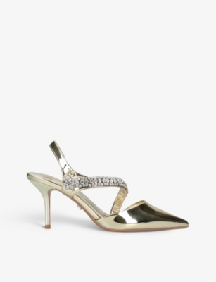Carvela Womens Gold Symmetry Crystal-embellished Pointed-toe Faux-leather Courts