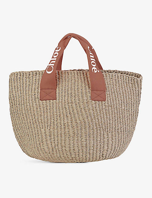CHLOE: Branded-strap raffia tote bag