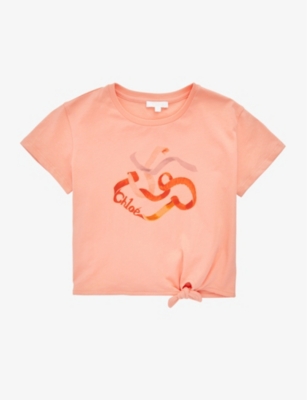 CHLOÉ CHLOE GIRLS APRICOT KIDS RIBBON-PRINT COTTON-JERSEY T-SHIRT 4-14 YEARS,63145954