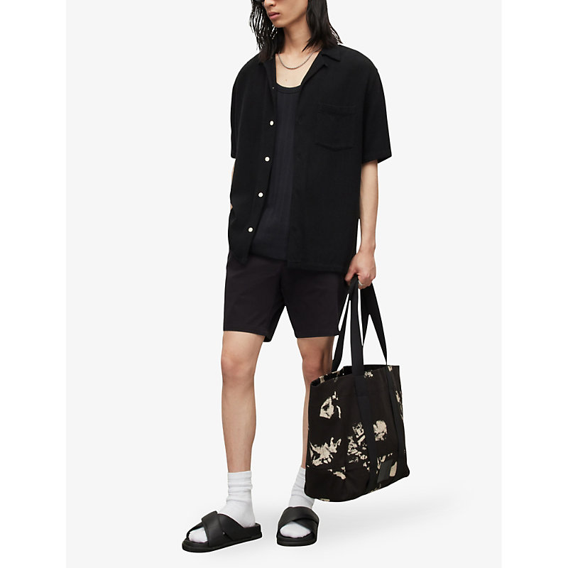 Shop Allsaints Men's Koto Black Neiva Mid-rise Cotton-blend Shorts