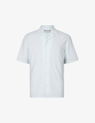 Allsaints Mattole Organic Cotton Stretch Relaxed Fit Button Down Camp Shirt In Crystal Blue