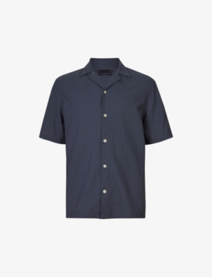 Allsaints Mattole Relaxed Fit Crepe Short Sleeve Button-up Camp Shirt In Midnight Blue