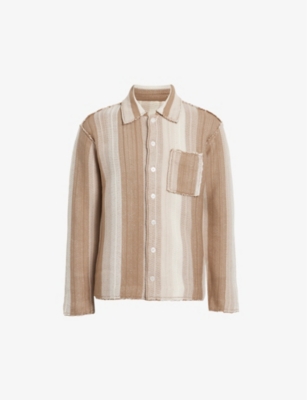 Shop Allsaints Mens Dust Taupe Truck Knitted-stripe Organic-cotton Cardigan