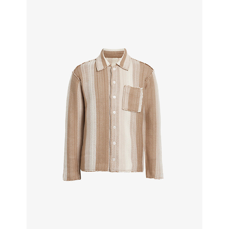 Shop Allsaints Truck Knitted-stripe Organic-cotton Cardigan In Dust Taupe