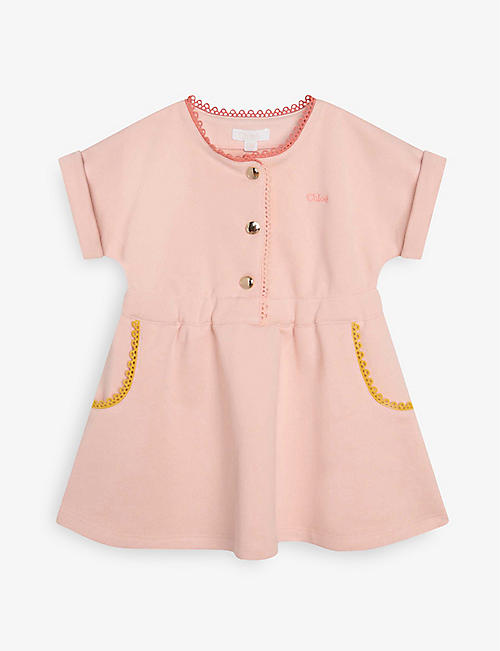 CHLOE: Logo-embroidered lace-trim cotton dress 6 months - 3 years
