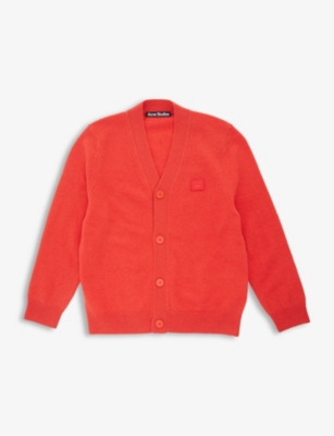 Acne Studios Girls Sharp Red Kids Face Brand-patch V-neck Wool-knit Cardigan 4-10 Years