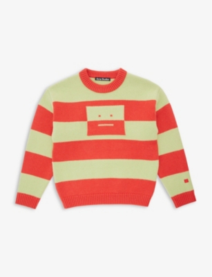 ACNE STUDIOS ACNE STUDIOS GIRLS SHARP RED/PALE GREEN KIDS FACE-PRINT WOOL-KNIT JUMPER 4-10 YEARS,63161541