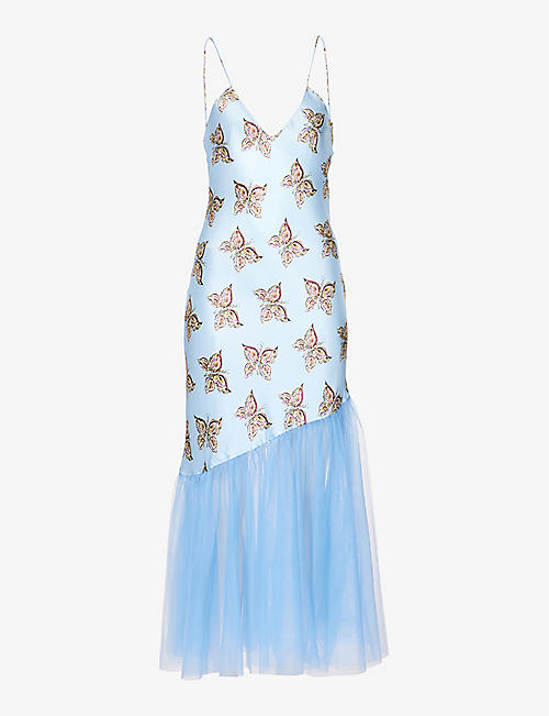 RODARTE: Butterfly-print flared-hem silk midi dress
