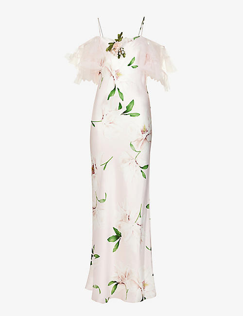 RODARTE: Floral-print ruffled-shoulder silk maxi dress