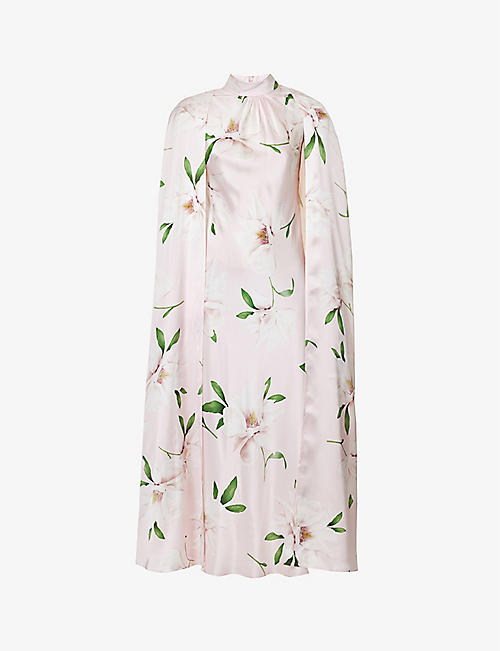 RODARTE：花卉图案缎布中长披肩式连衣裙