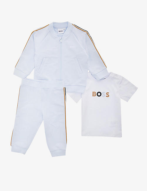 BOSS: Side-stripe logo-print three-piece stretch-cotton blend tracksuit set 3-18 months