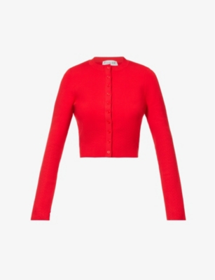 VICTORIA BECKHAM VICTORIA BECKHAM WOMENS RED CROPPED CUT-OUT STRETCH-WOVEN CARDIGAN,63180610