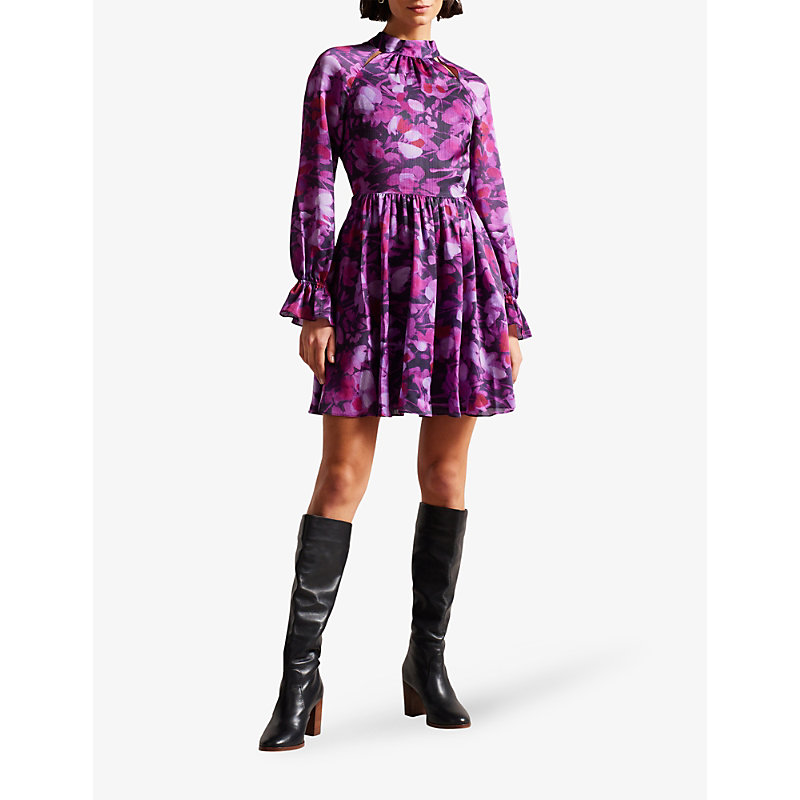 Shop Ted Baker Sammieh High-neck Fit And Flare Woven Mini Dress In Purple
