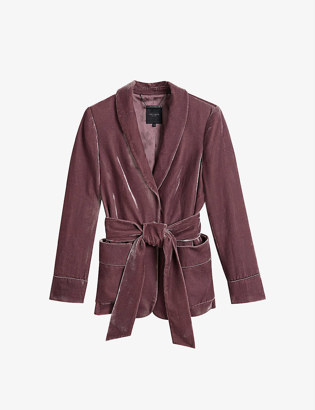 Shop Ted Baker Tansya Tied-waist Shawl-collar Velvet Jacket In Taupe