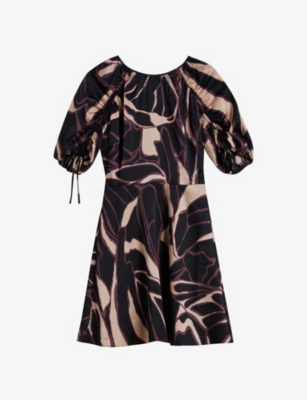 TED BAKER: Gilliaa abstract-print puff-sleeved woven mini dress