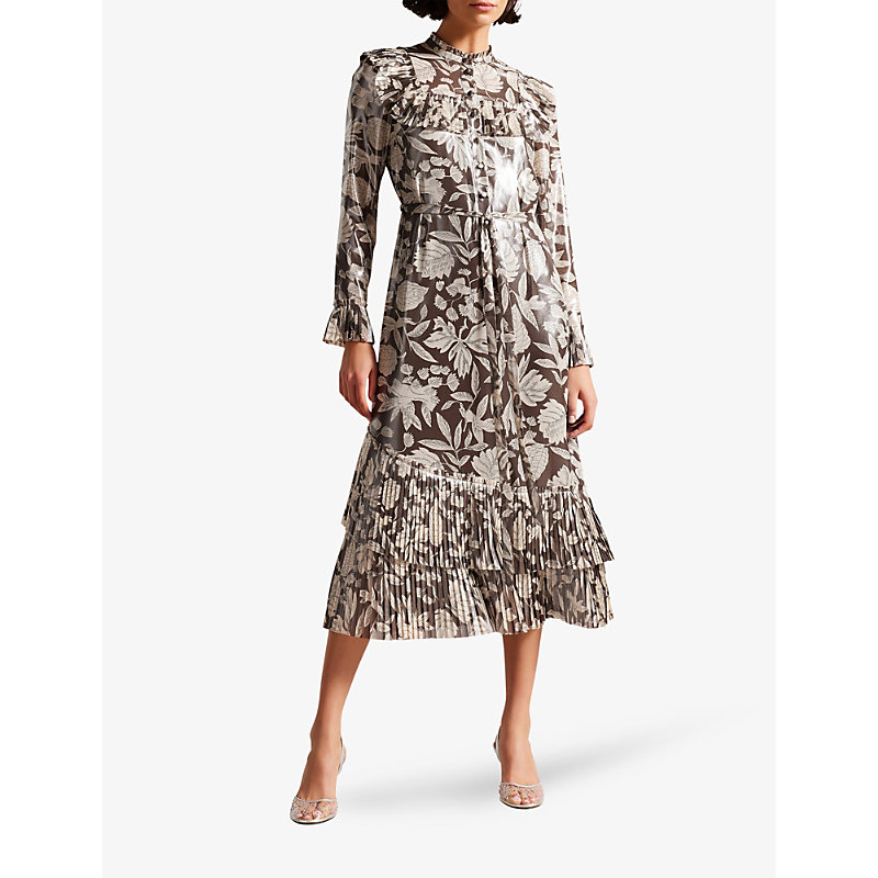 Shop Ted Baker Women's Dk-brown Vikkci Foliage-print Crepe Midi Dress