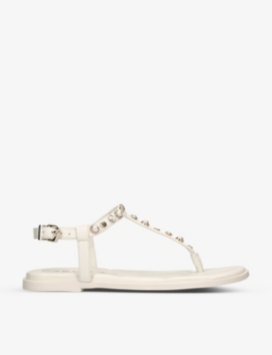 Carvela Womens Bone Precious T-bar Pearl-embellished Leather Sandals In White